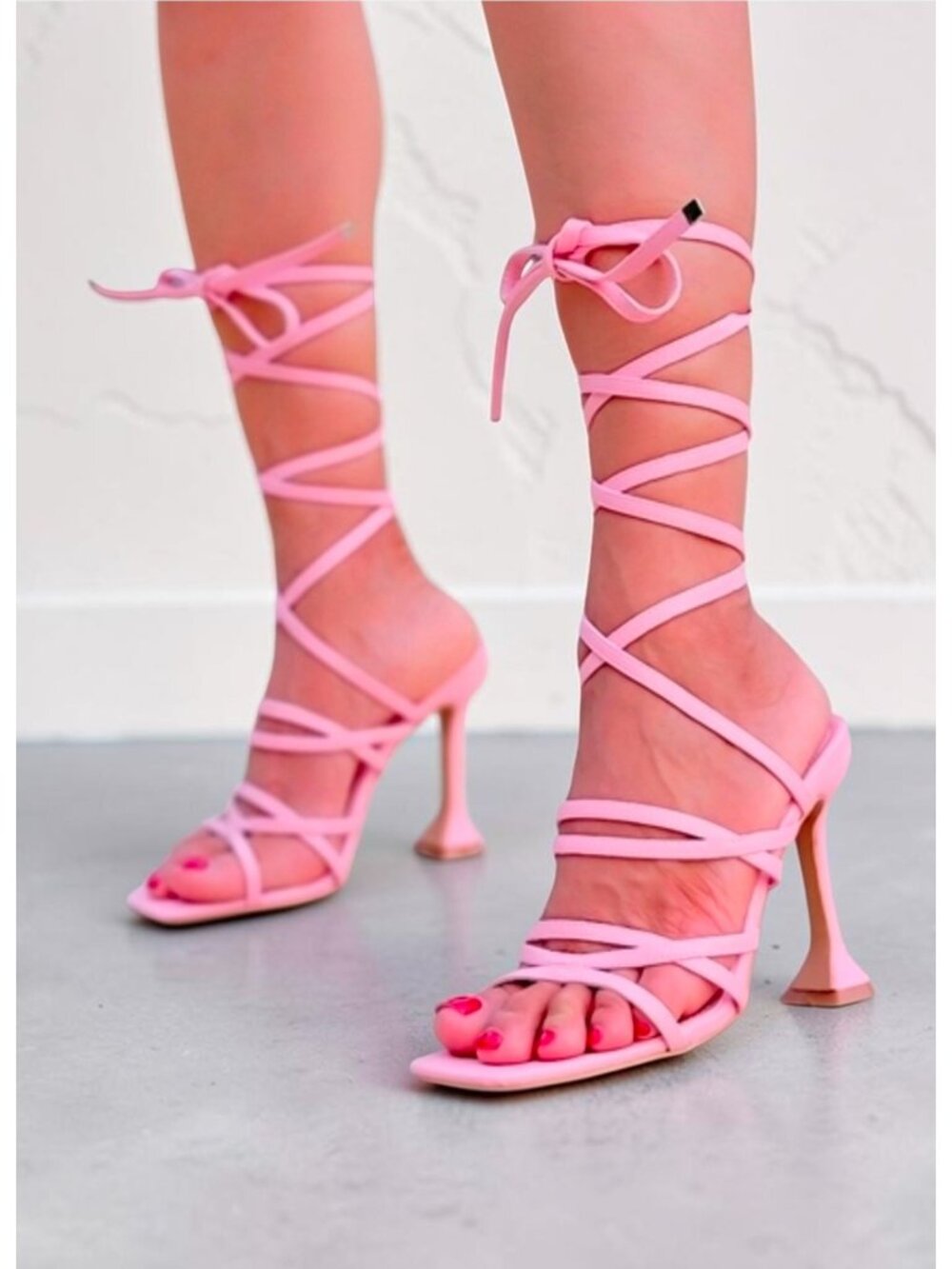 Strappy Pink Lace-Up Stiletto Heels For Women Elegant Square Toe Design With Com
